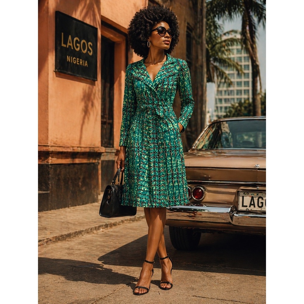 Suakoko Betty‎ Nigerian Wrap Dress Pockets Womens Large Green Batik Print Cotton